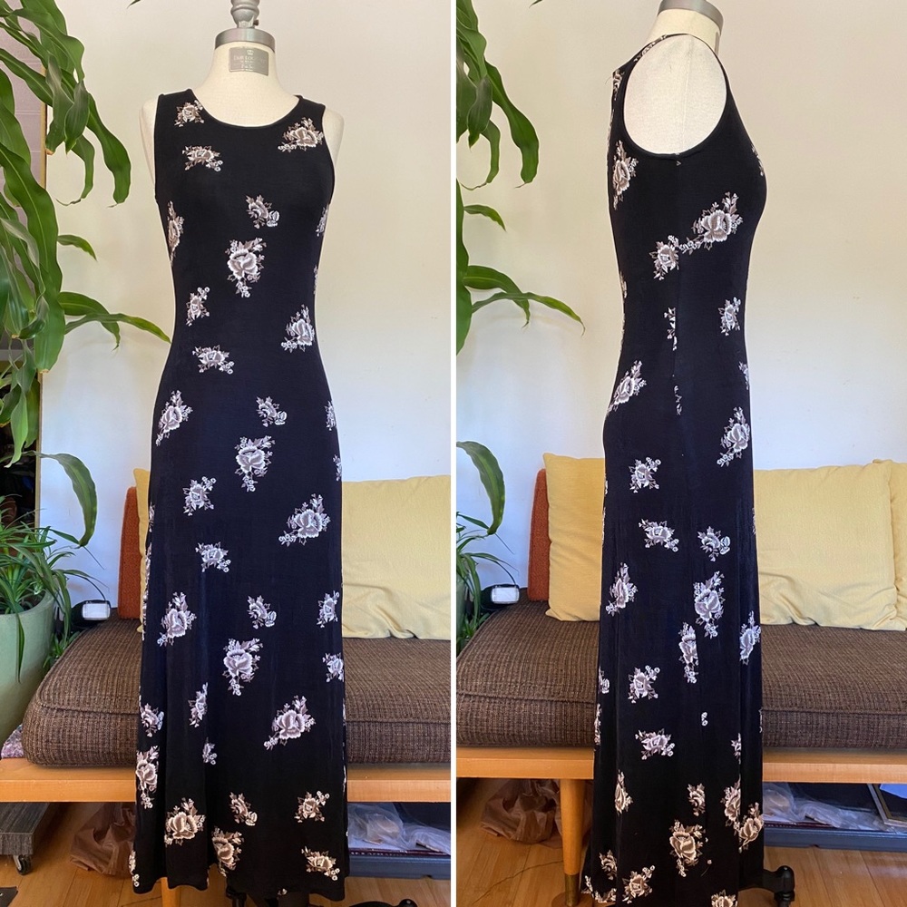 1990s black spandex, embossed flowers, sexy dress